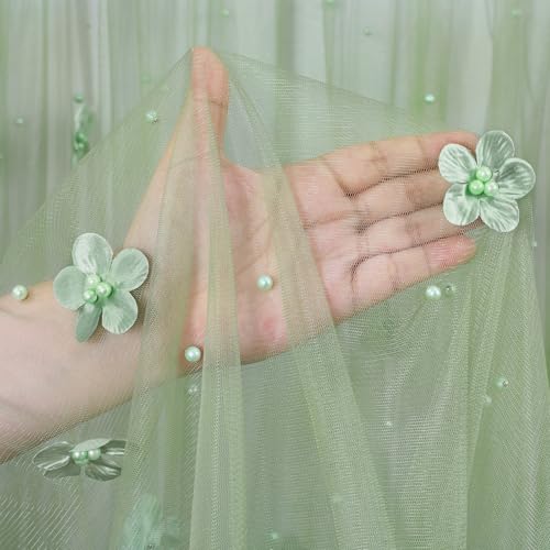 Sage Green Pearl Tulle Tablecloth 120x60 Inch for Wedding - 1Pcs Sage Flower Overlay