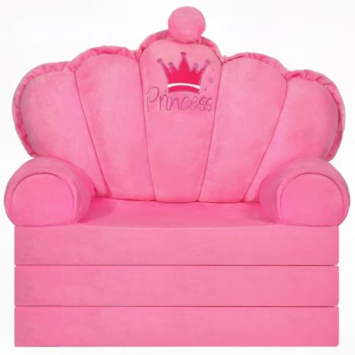 2-in-1 Foldable Toddler Couch and Sofa Bed - Pink Crystal Velvet Kids Chair