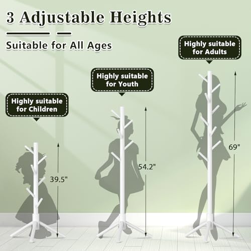 Freestanding Wooden Coat Rack - 8-Hook Adjustable Pine Clothes Tree, White