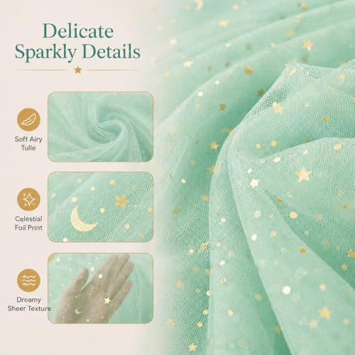 Green Star and Moon Bed Canopy Tulle Curtain for Girls Room, 60x158 Inch
