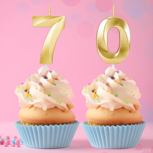 Gold Number 70 Birthday Candles - Cake Topper for 70th Parties