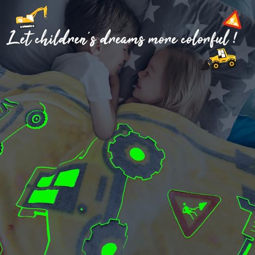 Glow in the Dark Tractor Blanket for Kids, 50" x 60" Construction Throw