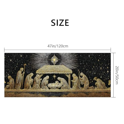 Christmas Nativity Runner Rug 47x20in with Non-Slip Backing, Jesus Manger Starry Night Decor for Laundry Room Entryway