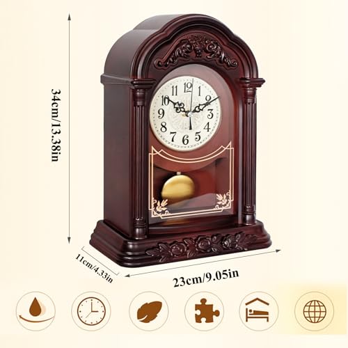 Retro Mantel Clock with Swinging Pendulum, 13-Inch Silent Shelf Clock