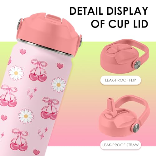 Insulated Stainless Steel Kids Water Bottle with Straw 16oz Cherry Design
