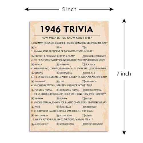 80th Birthday Trivia Game Cards, 1946 Party Activity, 30 Pack