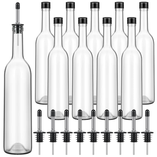 Maxdot 10 Pcs Long Neck Glass Wine Bottles with Pourers & Stoppers - 750ml Bar Liquor Storage