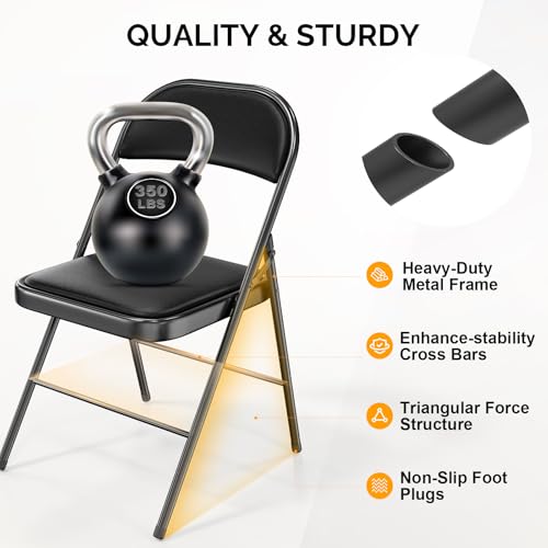 Padded Folding Chair with Steel Frame, Set of 4, Black PU Leather
