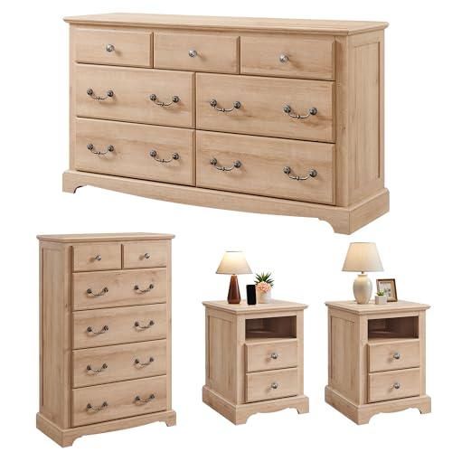 4-Piece Farmhouse Bedroom Dresser and Nightstand Set, Light Walnut