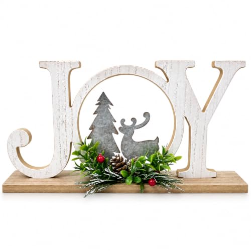 Rustic Wooden Christmas Joy Sign with Reindeer & Pinecone Decor - Farmhouse Holiday Table Centerpiece