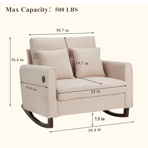 Oversized Upholstered Rocking Chair with USB Port and Side Pockets, Beige