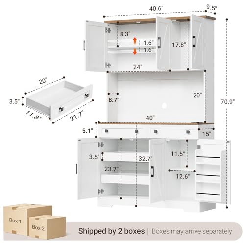 71-Inch Kitchen Pantry Cabinet with LED Lighting, Outlets, and USB Ports