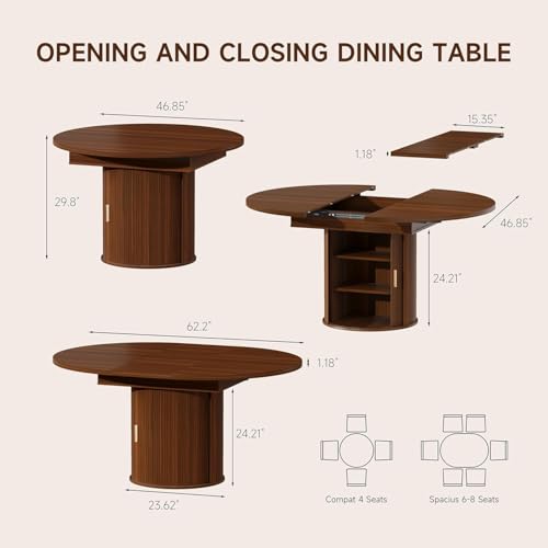 Extendable Round Dining Table with Storage Base, 47"-63" Walnut Wood Oval Table