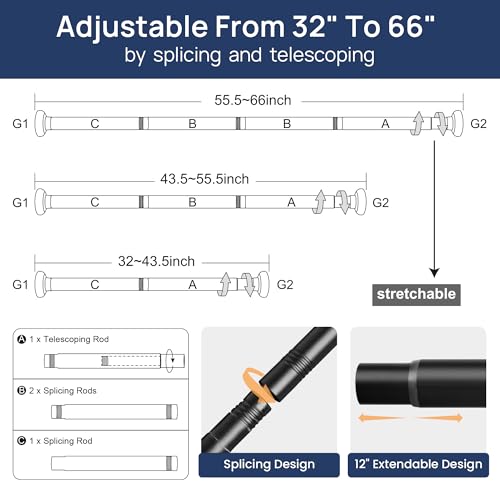 Adjustable Tension Curtain Rod 32-66 Inch, 2-Pack Black No-Drill Rod