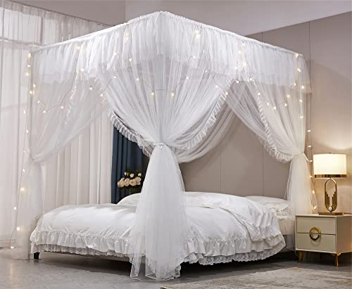 4 Poster Ruffle Princess Bed Canopy Curtain - Double Layer Mosquito Net