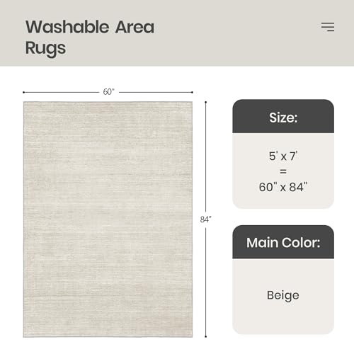 Washable Area Rug 5x7 Non-Slip Low-Pile Beige Carpet for Living Room