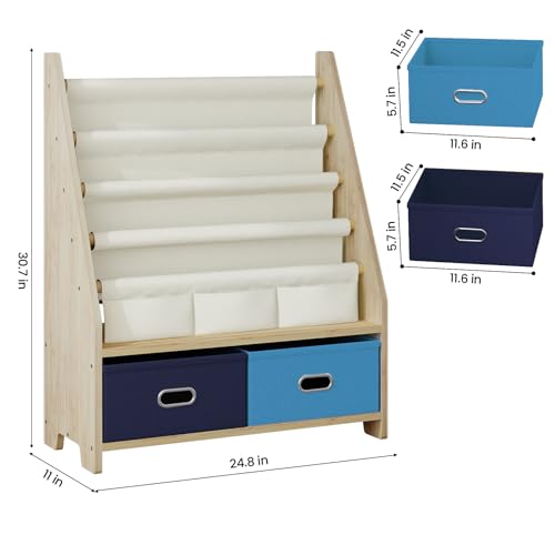 4-Tier Kids Bookshelf and Toy Organizer with Storage Bins, Solid Pine Wood