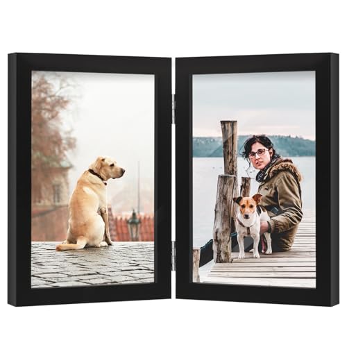 4x6 Double Picture Frame - Black Wooden Hinged Photo Frame for Tabletop