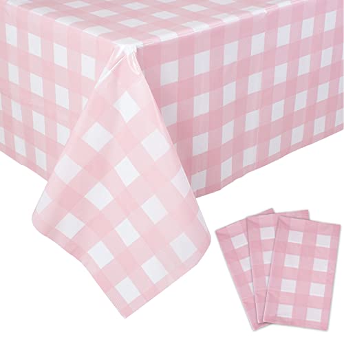 Pink Gingham Disposable Tablecloths 3-Pack - 54 x 108 Inch Checkered Party Cover