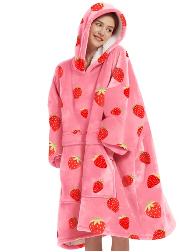 Oversized Strawberry Wearable Blanket Hoodie with Sherpa Lining