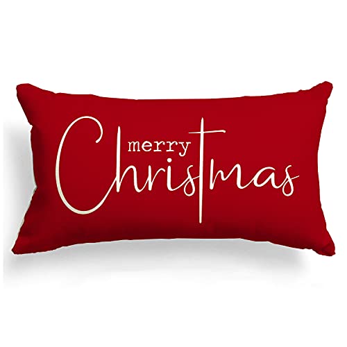 Allorry Christmas Pillow Cover 12x20 Inches Red Cotton Linen Holiday Decor Pack of 1