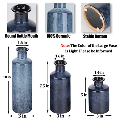 Blue Ceramic Vase Set of 3 - Modern Farmhouse Rustic Decorative Table Centerpiece