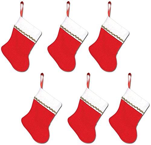 Beistle Mini Christmas Stockings Set of 6 - Red & White Felt with Gold Trim, 6” x 4.5” Holiday Gift Holders & Decor