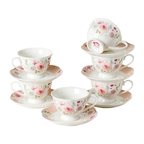Pink Rose Floral Porcelain Tea Cup & Saucer Set of 6 - 6oz, Elegant Dinnerware