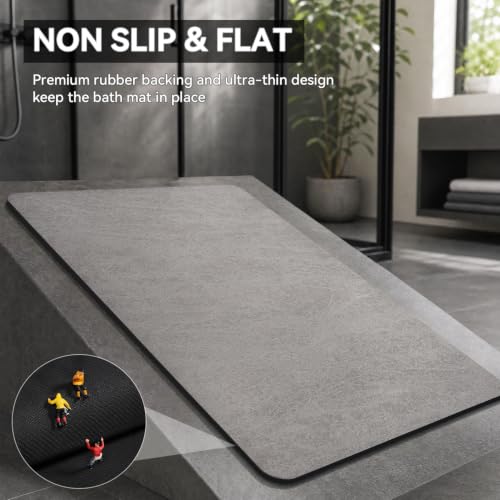 MontVoo Non-Slip Thin Bath Mat - Rubber Backed Quick Dry Faux Suede Bathroom Rug 16x24 Grey