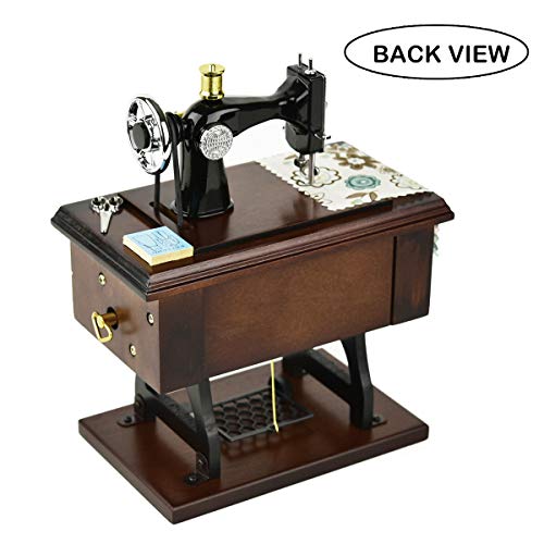 Vintage Sewing Machine Music Box, Wooden Wind-Up Mechanical Musical Gift
