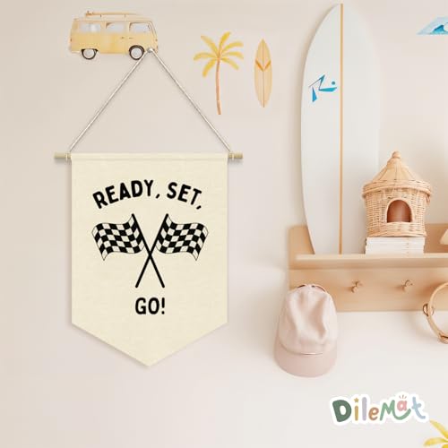 Ready Set Go Race Car Pennant Banner - Linen Wall Hanging for Kids Room