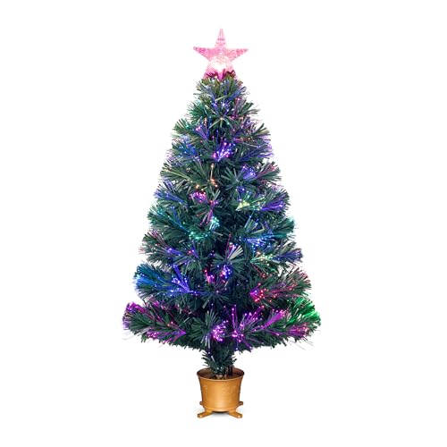 YUETJIN 32-Inch Green Pre-Lit Fiber Optic Christmas Tree with Transparent Variation