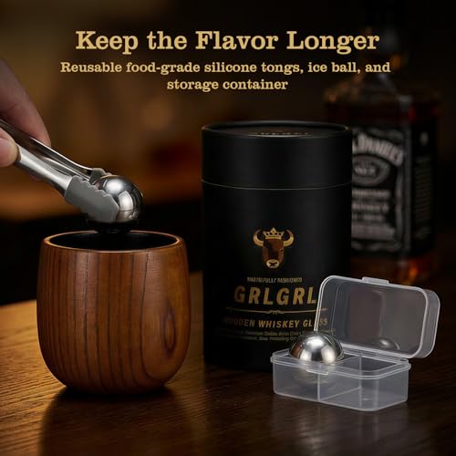 Charred Wooden Whiskey Cup Gift Set with Stainless Steel Ice Balls and Tongs