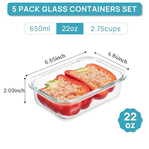 Glass Food Storage Containers with Lids - 5-Pack 22 oz Airtight Meal Prep Set