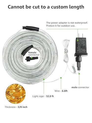 33ft LED Rope Lights, Waterproof Outdoor Warm White String Lights, 24V