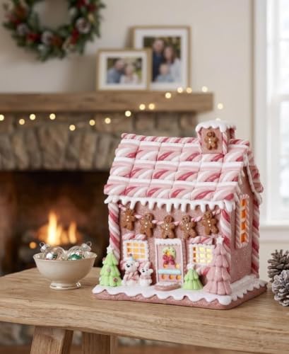 9-Inch LED Lighted Gingerbread House with Pastel Marshmallow Decor