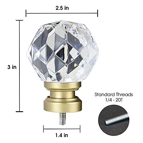 Decorative Crystal Curtain Rod Finials, Round Faceted Gold, Set of 2