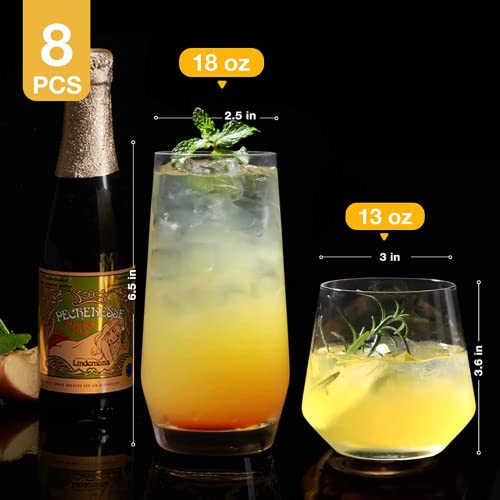 8-Piece Minimalist Drinking Glassware Set, 18 oz Highball and 13 oz Rocks