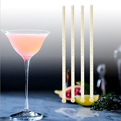 Crystal Cocktail Stirrer Sticks 100 Pack - Disposable Plastic Drink Mixers with Gold Glitter Top
