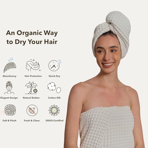 KOSMU Organic Japanese Cotton Hair Towel Wrap Shell White for Women – Quick-Dry Head Turban, Extra Large for Long & Curly Hair