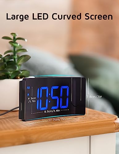 Digital Projection Alarm Clock with Curved Blue LED Display & USB Charger