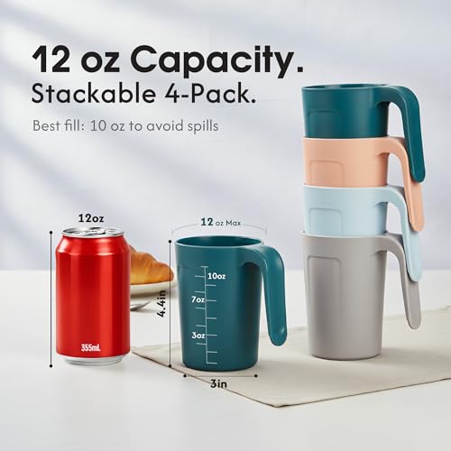 Reusable 12oz Plastic Coffee Cups Set of 4 - Unbreakable BPA-Free Drinkware