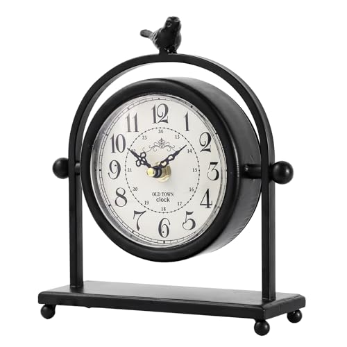 Vintage Farmhouse Table Clock with Bird Topper - Silent Iron Mantel Clock
