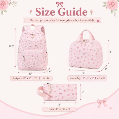 Girls School Backpack Set with Insulated Lunch Box & Pencil Bag - Pink Bow