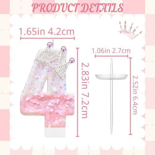 Pink Birthday Number 4 Candle with Crown - Princess Party Cake Topper