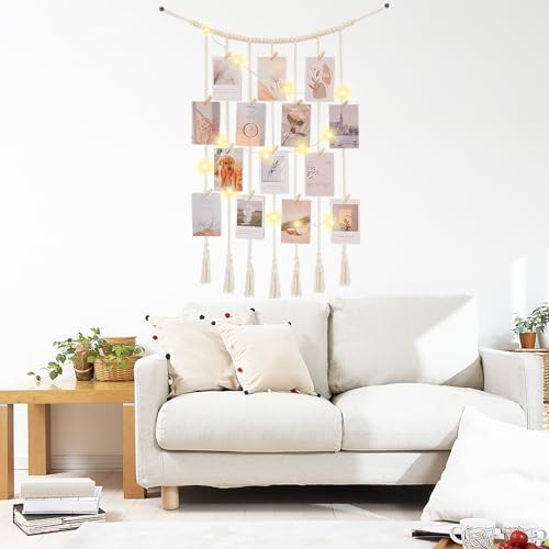 Macrame Hanging Photo Display with Fairy Lights and 30 Clips, Boho Wall Decor