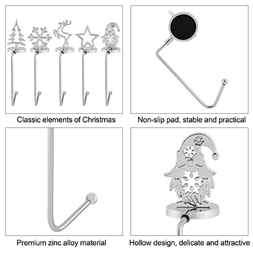 URATOT Silver Christmas Stocking Holders Set of 5 - Mantel & Fireplace Hooks with Elk, Star, Tree, Snowman, Gnome Designs