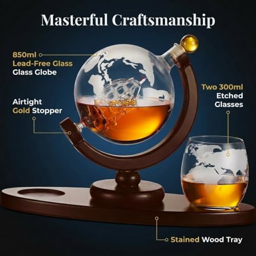 Godinger Whiskey Decanter Globe Set with 2 Etched Glasses, 850ml - Gift for Men