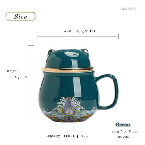 DEARART Green Cat Tea Cup with Lid & Filter 10.8oz Ceramic Mug for Tea Coffee