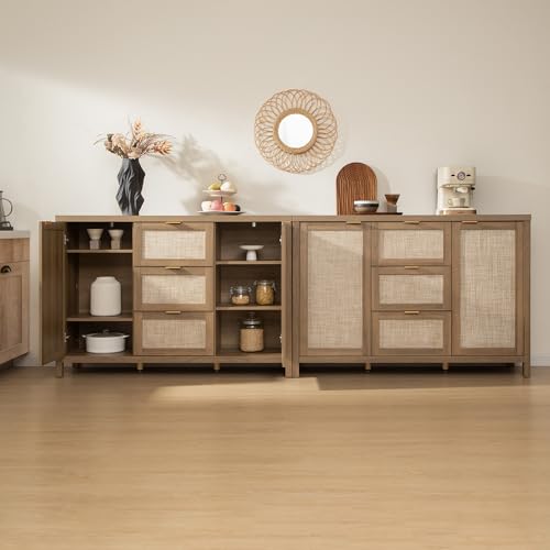 52-Inch Rattan Sideboard Buffet Cabinet with 3 Drawers, Boho Credenza